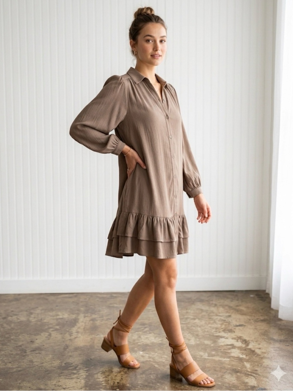 Max Studio Taupe Button-Front Puff Sleeve Dress